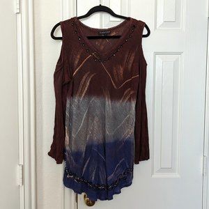 Greater Good Cold Shoulder Tunic in brown, blue, and gray, Women's XL